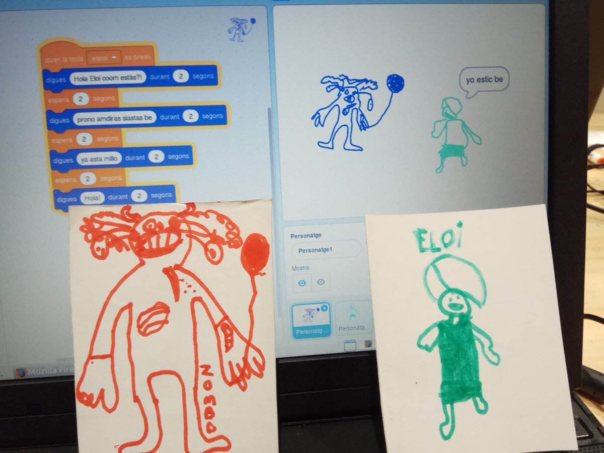 albertbercero's tweet photo. Els últims dos dilluns les nenes i nens del Congrés dels Indians han estat fent projectes amb @scratch Aquí alguns personatges protagonistes d'un conte i la programació d'un #linetracer a @sokotech @sokokids https://t.co/VGCOeanYfQ