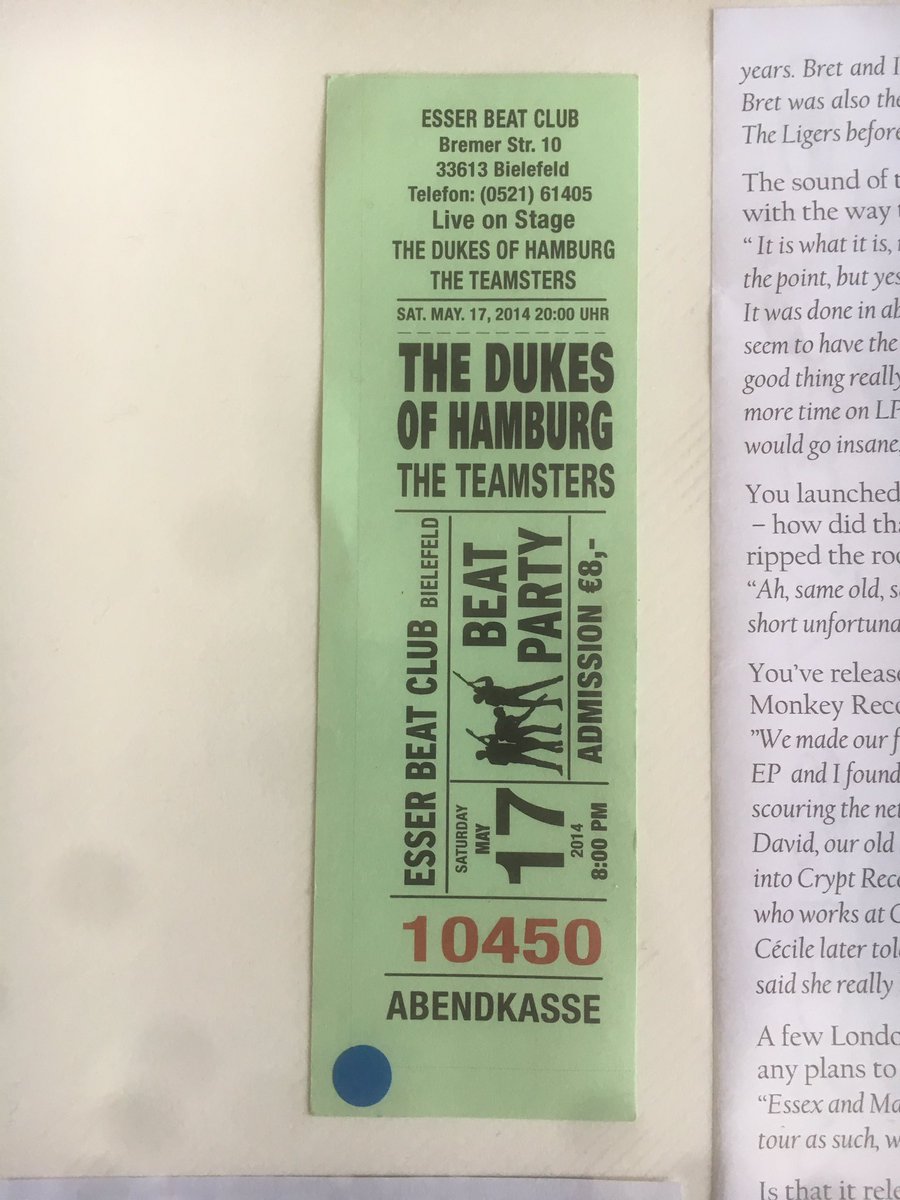 Ticket from our first tour of Germany. The drummer in the dukes smashed up his own drum kit after the show in a drunken rage.