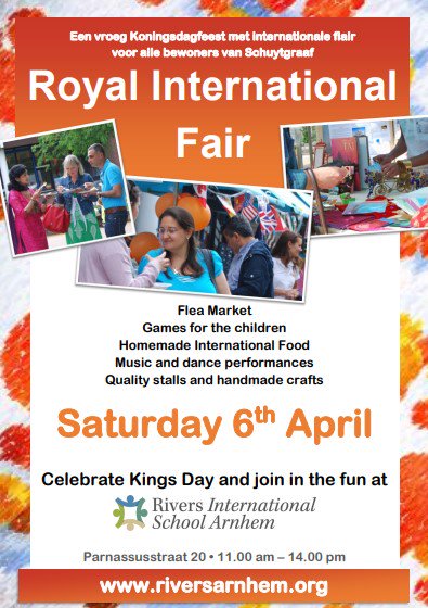 Saturday April 6th Rivers International School Arnhem organises the Royal International Fair: an early Kings Day celebration with international flair, open to all people living @inSchuytgraaf riversarnhem.org/news/2019/roya… #rommelmarkt #international #gezellig