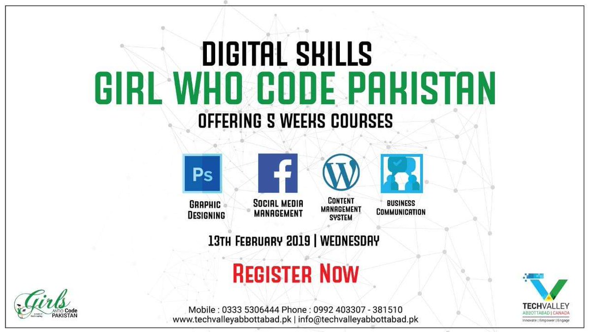 TechValleyPak's tweet image. GirlsWhoCodePakistan
Learn to #code
#Womenincoding
For online registration click here: goo.gl/cKaWAL
Phone: 0992 381510 / 403307 | 0333 530 6444