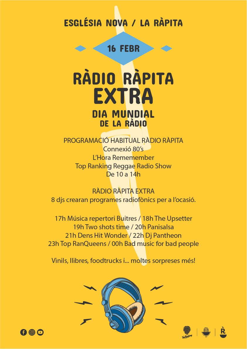 ToprankingR's tweet photo. CARTELL
Dissabte vam fer públic els artistes convidats a la III Ràdio Ràpita Extra. Certament radiofònic que té com a objectiu treure la ràdio al carrer, posant a l'abast d'amants de la música, la possibilitat d'entrar en contacte amb aquest mitjà del qual ens sentim enamorats. https://t.co/VBxhIivMXo