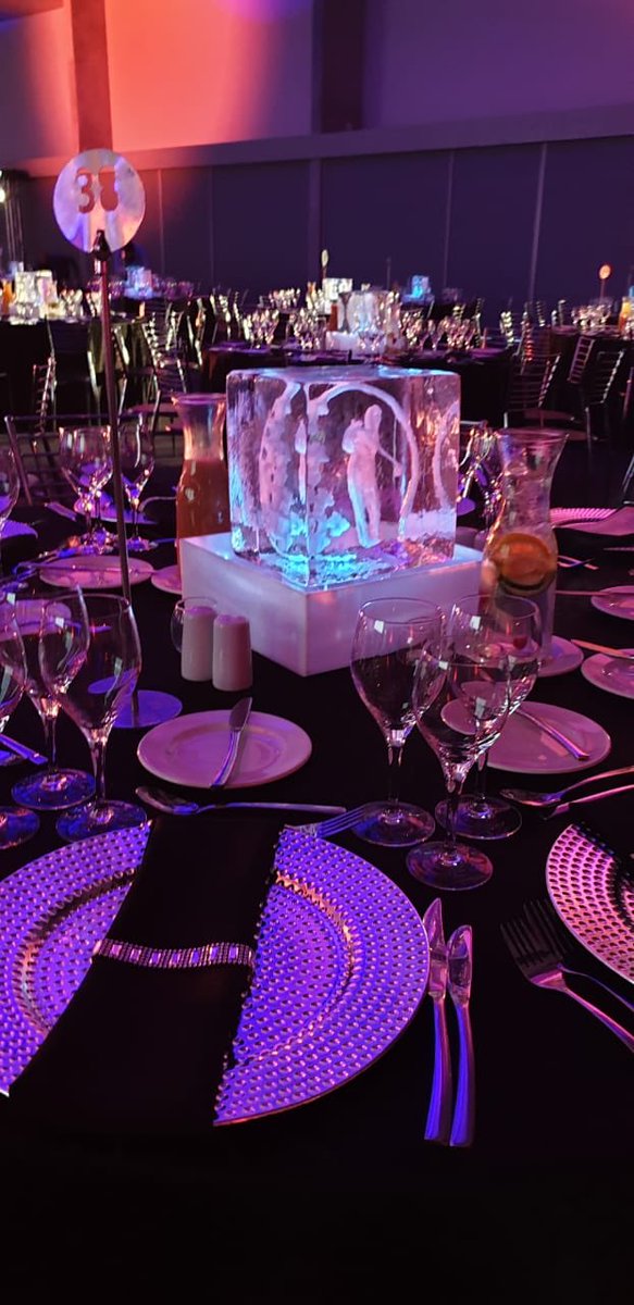 40 #icecenterpieces, created for the #presidentialgolfday prize giving event at @official_cticc, had engraving in the center visible from both sides. #icecarving #icesculpture #eventdesign #evententertainment #eventprofs #eventplanning #eventmarketing #brandedicesculpture