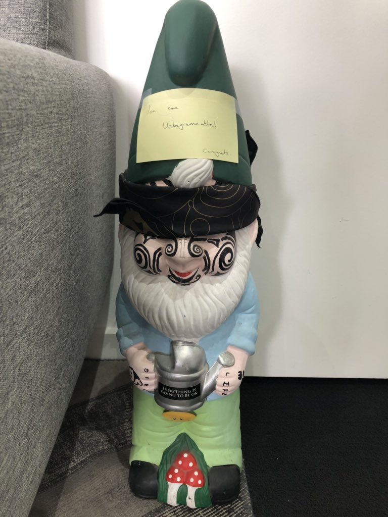 Thanks to the @FCBafrica peeps who left this ‘loan gnome’ in my office with a dodgy congrats pun taped to his head. Best trophy I’ve won (had on loan) to date 😂