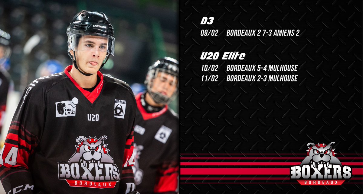 [#PôleÉlite]
#U17 au repos ce w-e.
Les <a href="/boxersD3/">Boxers De BordeauxD3</a> ont remporté leur match aller des barrages de playoffs #D3 7-3 contre @Gothiques_HCAS Samedi.
Si les #U20 ont emporté le premier match 5-4 contre les <a href="/ScorpionsMulho/">Scorpions de Mulhouse</a>, ils se sont inclinés 2-3 hier soir face aux mêmes adversaires.