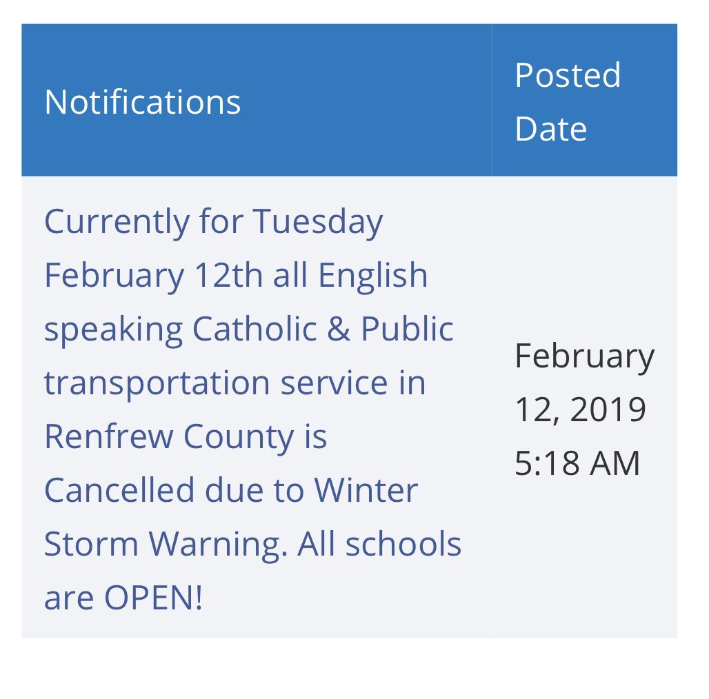 School bus transportation is CANCELLED for today (TUESDAY, FEBRUARY 12) due to the WINTER STORM WARNING.