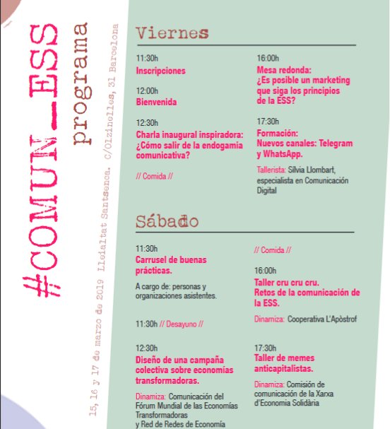 XES_cat's tweet image. #Comun_ESS Ja tenim a punt el programa pel III congrés de #comunicació i economia solidària! Reflexionarem i aprendrem com construïr estratègies de difusió fora del model econòmi hegemònic. Vols sumar-t-'hi? Inscripcions obertes! 

xes.cat/2019/02/07/obr…