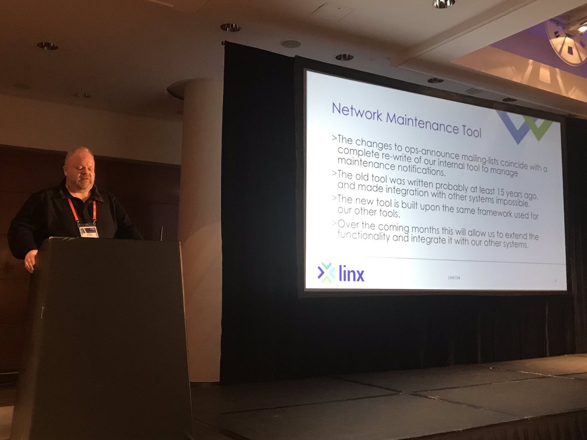 LINX_Network's tweet photo. In the second LINX Technology slot at #LINX104 Anne Bates and Mike Hellers cover network availability and operational issues at #LINXManchester, #LON1 and #LON2, service delivery, ops-announce changes, monitoring plus a technical overview of #JEDIX https://t.co/HGIFqv5SgT