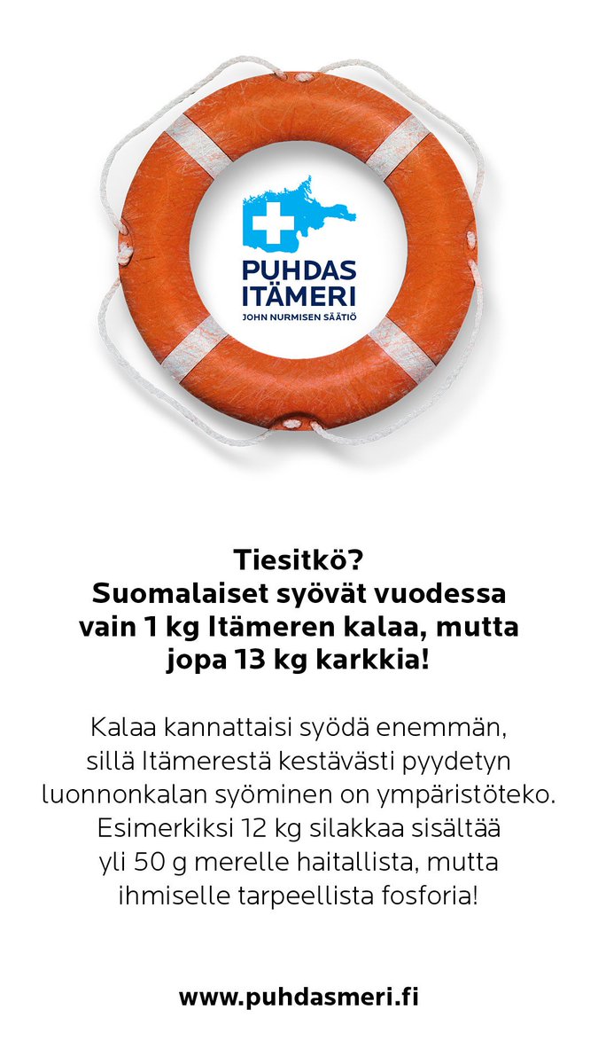 Hyvää #kalakeittopäivä'ä! 🐟 Tiesitkö, että syömällä 12 kg Itämeren villikalaa voit kompensoida vuotuisen fosforipäästösi? Tästä huolimatta suomalaiset syövät keskimäärin vain 1 kg kestävästi pyydettyä luonnonkalaa. Vertailun vuoksi: karkkia suomalaiset kuluttavat 13 kg/vuosi.