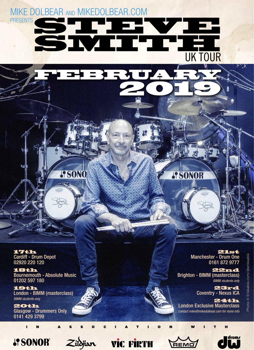 mikedolbear's tweet photo. Sunday 24th Feb 12.00-3.00.
 I am hosting a hands-on masterclass with @stevesmithdrums for only 15 people.

Steve doesn't have the time for 1 to 1 lessons so this is a unique opportunity to study with one of the greatest drummers of our generation.

£150 for 3 hours.

DM me https://t.co/3Pj4IHR0V9