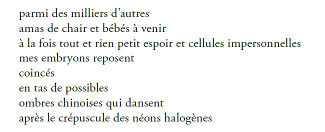 Un extrait du poème de Stéphanie Roussel sur le diagnostic préimplantatoire, une technique de #ProcréationAssistée pour venir en aide aux personnes à risque de transmettre une maladie génétique grave à leur descendance | magpalindrome.ca/numero2-de-pal… (p. 25)