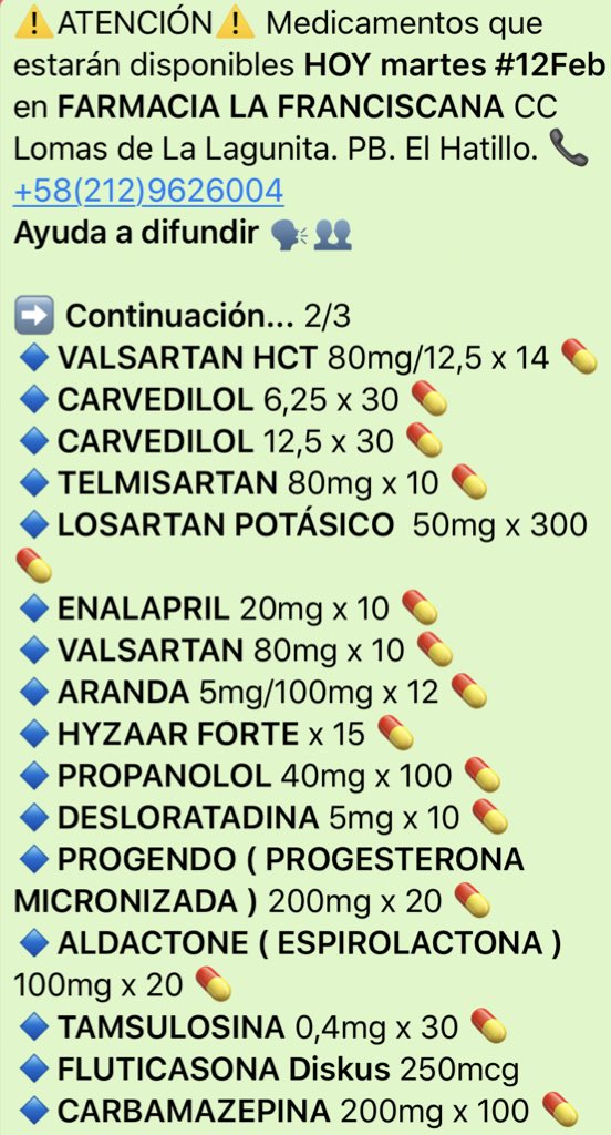 LafranciscanaF's tweet photo. 🚨ATENCIÓN🚨 Nos llegaron medicamentos | YA disponibles

HOY #12Feb en @LafranciscanaF Aquí están los listados👇🏻 ¡Atentos! Hay mas que se irán publicando

Ayuda a difundir da RT 🔊👥

No manejamos costos por este medio | Para información de precios llámanos al 📞+58(212)9626004. https://t.co/U7QFmwTkZK