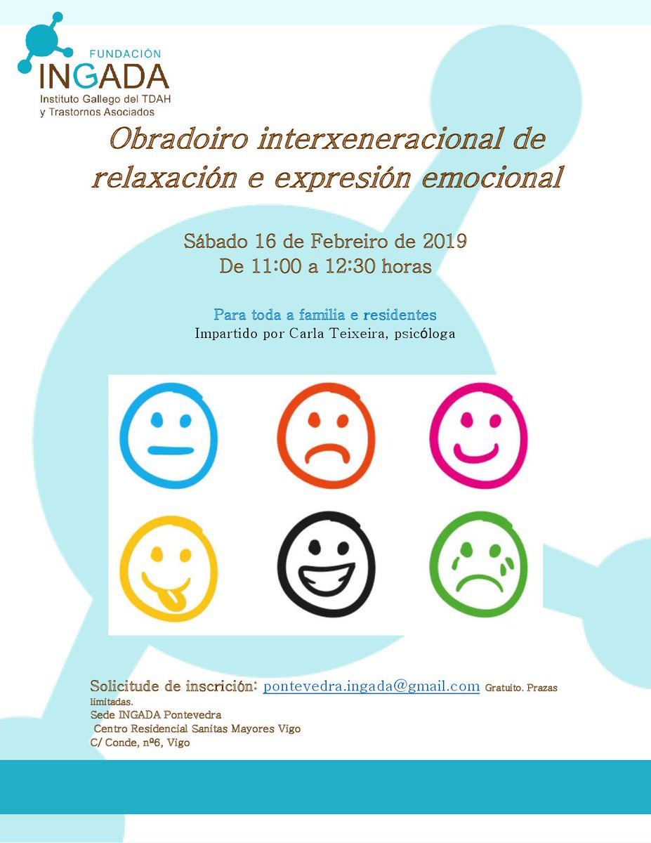 fundacioningada's tweet photo. Este sábado 16 de Febrero a las 11:00h se realizara en nuestra sede de Vigo un Taller intergeneracional de relajación y expresión corporal impartido por Carla Teixeira, psicóloga. Imprescindible inscripción previa https://t.co/BbLtt4TmYR