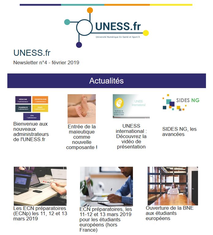 La Newsletter n°4 de l'UNESS est en ligne. Nouveaux administrateurs,  nouvelle composante : la maïeutique, SIDES NG les avancées,  DILORAMES-R3, les ECNp, UNESS international... eye.sbc32.com/m2?r=uDVhYjBjY… 
#numerique #universite #medecine #pharmacie #odontologie #staps #maieutique
