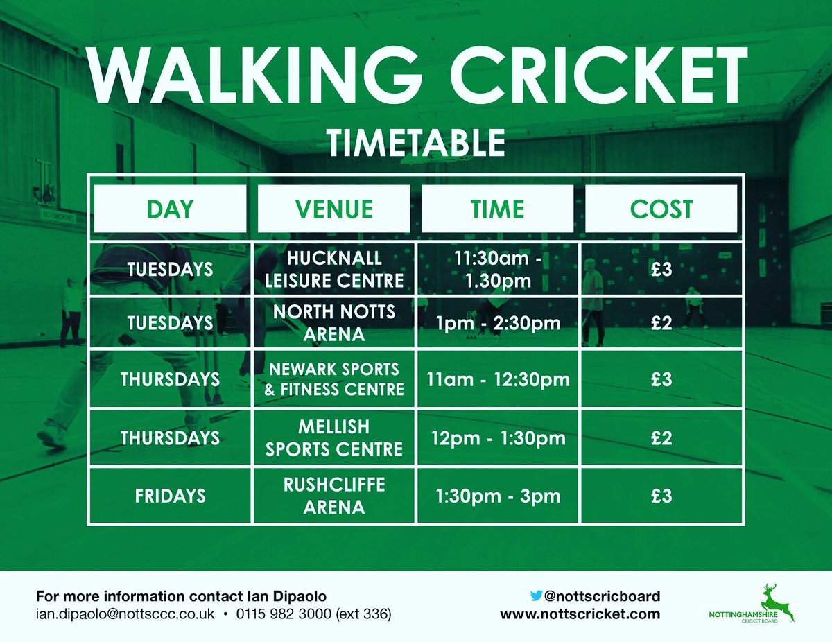 We have 5 centres around the county where you can try #walkingcricket. 🚶‍♂️🏏 #hucknall #bulwell #newark #rushcliffe #worksop.

For more details 📧ian.dipaolo@nottsccc.co.uk