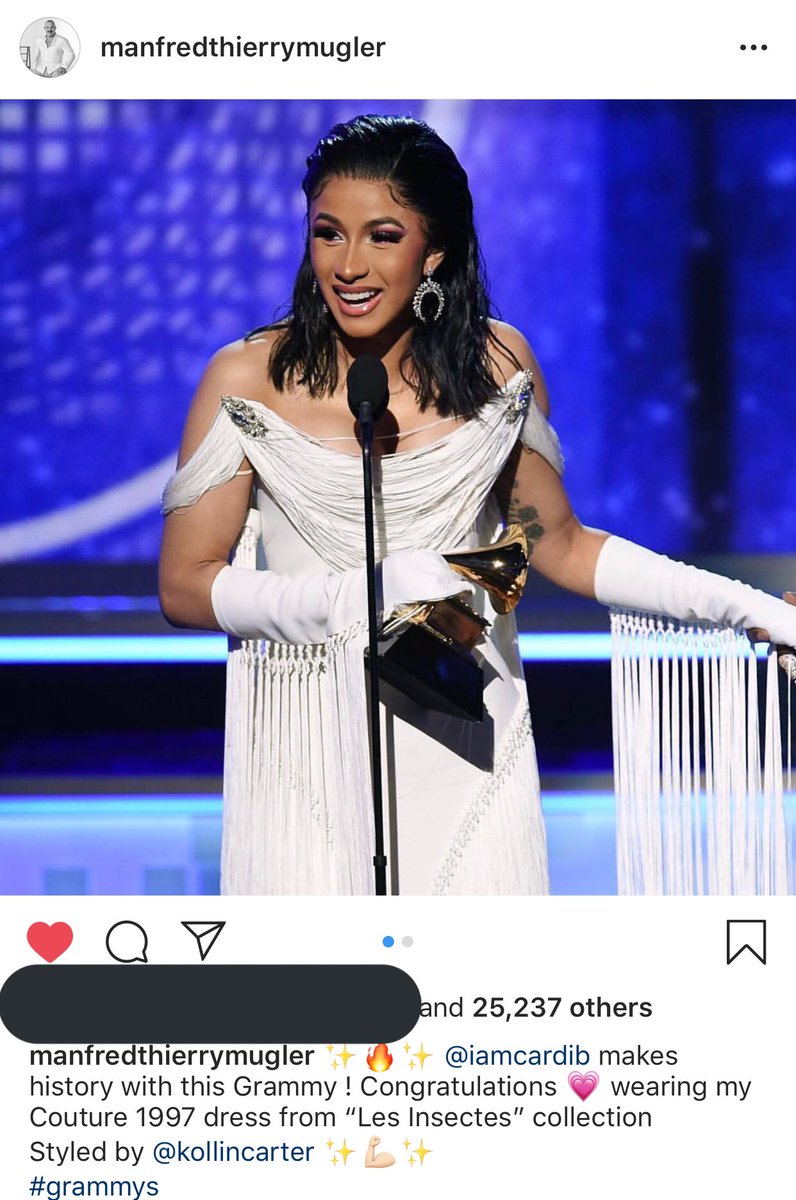 “Love you Cardi.” The man himself Manfred Mugler posting about Cardi to his Instagram.