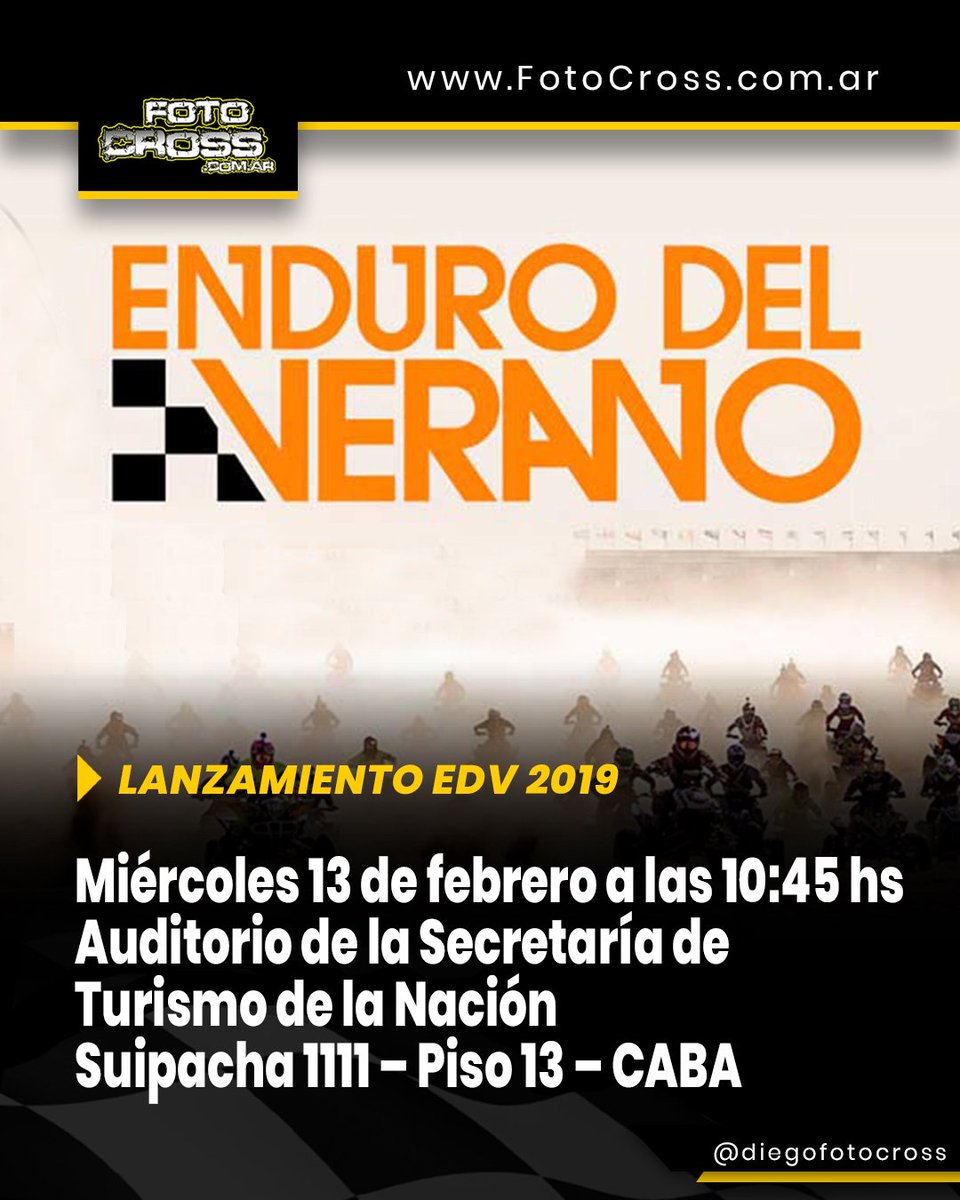 LANZAMIENTO DEL ENDURO DEL VERANO 2019

CONVOCATORIA DE PRENSA

Miércoles 13 de febrero a las 10:45 hs
Auditorio de la Secretaría de Turismo de la Nación
Suipacha 1111 – Piso 13 – CABA

fotocross.com.ar/2019/02/11/end…

fotocross.com.ar

@endurodelverano #EDV#endurodelverano