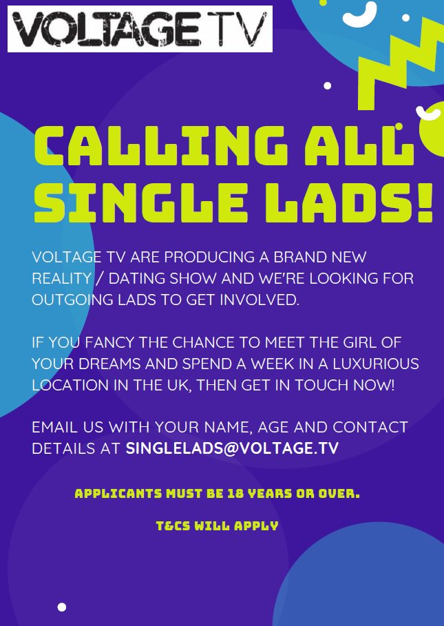 Hi <a href="/IwanttobeonTV/">I want to be on TV</a>
Just in time for Valentines. SINGLE LADS wanted for new show.