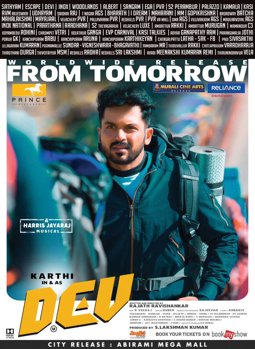 Mediakarann's tweet image. Dev Tomorrow’s Poster #DevReservationInFullSwing

Trailer: youtu.be/AB2LXzNvUNo

@Karthi_Offl @Rakulpreet @Jharrisjayaraj @RajathDir @lakku76 @RelianceEnt  @LightHouseMMLLP @SunTV @DuraiKv #MuraliCineArts