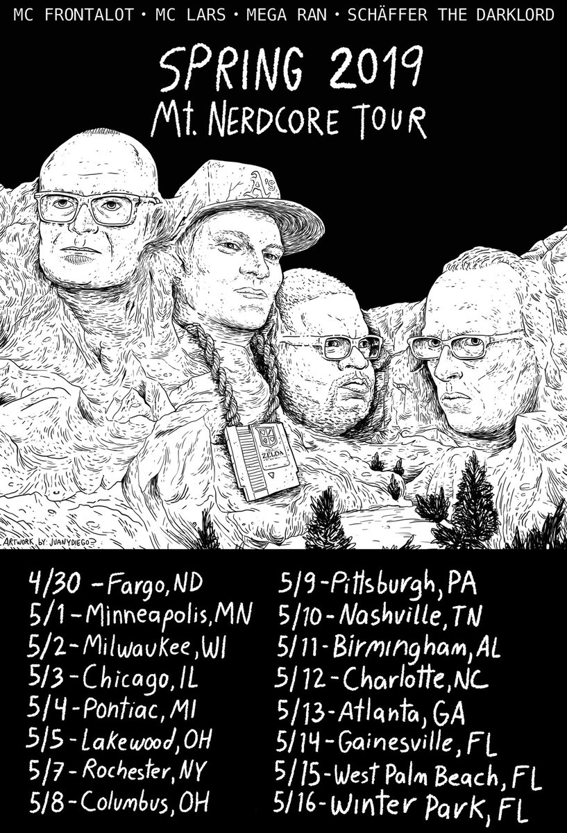 schafferthedark's tweet photo. BIG NEWS! This spring I will join forces with @MegaRan @mclars &amp; @mc_frontalot for another installment of the Mt. Nerdcore Tour! This time...it’s the third time. Tickets go on sale this Thursday February 14th at https://t.co/t3132WKfWY. #mtnerdcoretour https://t.co/4gtvR2suCR