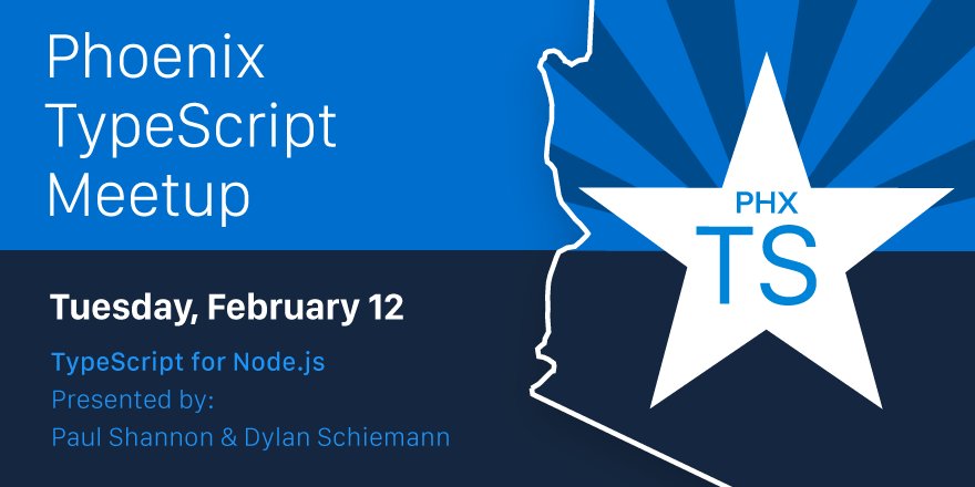 phxtypescript's tweet image. Join us TONIGHT, Feb. 12 at 6:30 PM MST for our monthly meetup. We&apos;ll talk through how to best setup #TypeScript for working with Node.js and look at TypeScript packages for Node.js including Nest, TypeORM and more. bit.ly/2StWrpZ
