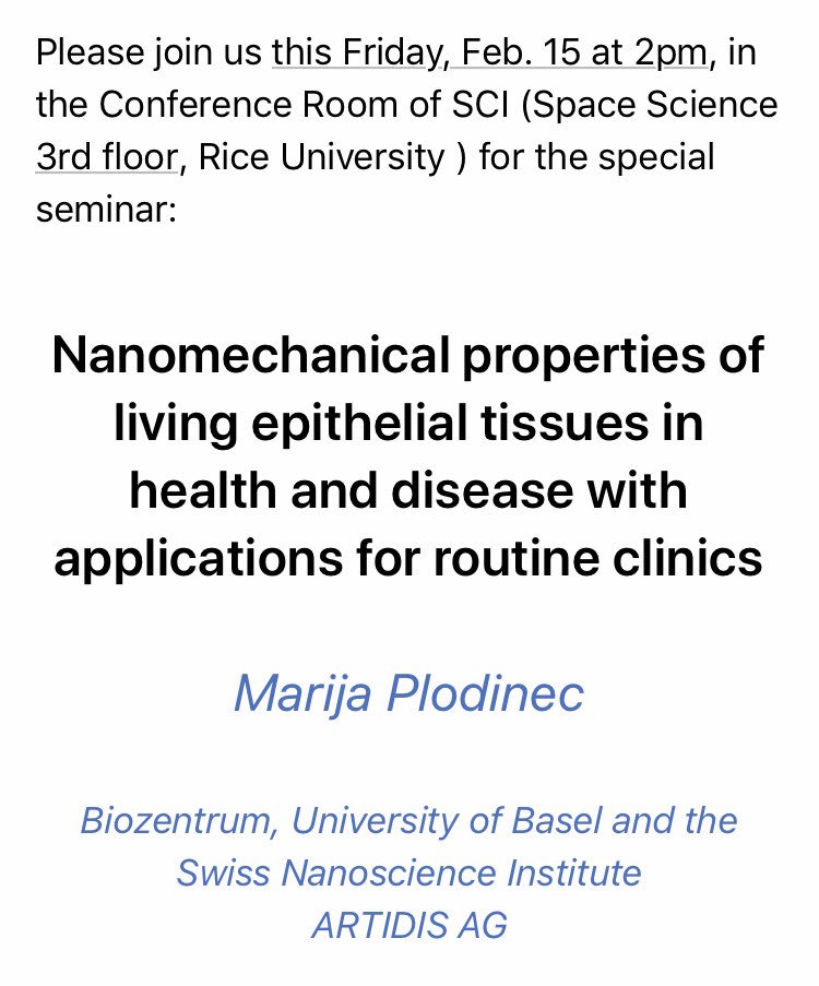 Sara Nizzero, Ph.D. (@nizzero_sara) on Twitter photo Join me this Friday at Rice University <a href="/2PM/">Two O'clock</a> for an *AMAZING* talk on what studying physics in cancer can mean for patients! *spoiler alert* OUTSTANDING results from a prospective clinical trial presented!
Seminar location: Space Science, Rice University
goo.gl/maps/SRu6Pbapf… Join me this Friday at Rice University <a href="/2PM/">Two O'clock</a> for an *AMAZING* talk on what studying physics in cancer can mean for patients! *spoiler alert* OUTSTANDING results from a prospective clinical trial presented!
Seminar location: Space Science, Rice University
goo.gl/maps/SRu6Pbapf…