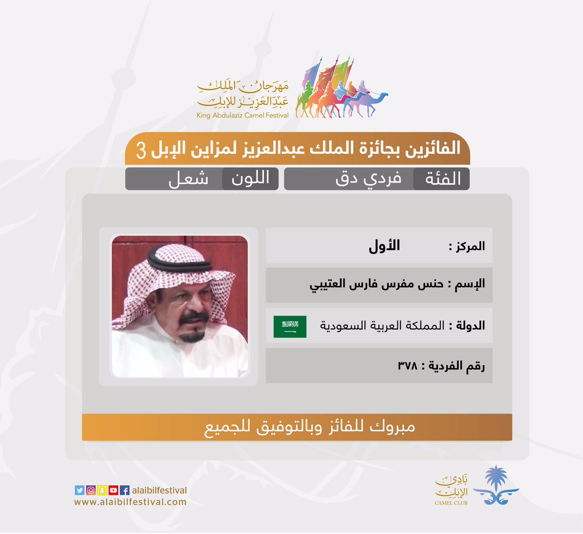 #نتائج_المزاين 
الفائز بالمركز ألاول
#مهرجان_الملك_عبدالعزيز_للإبل_3