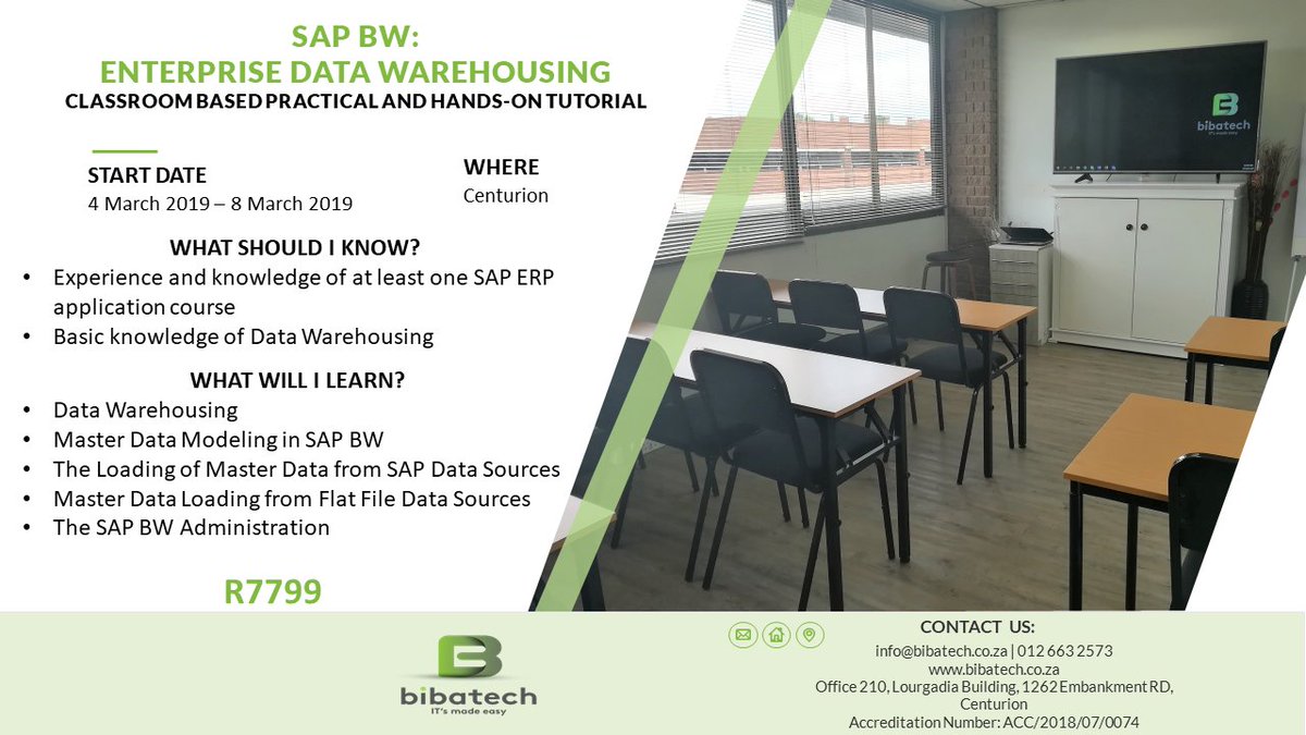 Bibatech_za's tweet image. SAP BW - Enterprise Data Warehousing Tutorial at Bibatech. Seats are limited. Book now! 

#training #bibatech #computerschool #computertraining #centurion #accredited #GirlTalkZA