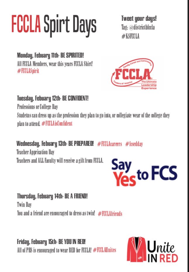 pburgFCCLA's tweet photo. FCCLA week started yesterday! I am sure everyone wore their FCCLA shirt for #FCCLAspirit while they were at home for our “ice day”!
Remember today to dress up as the profession you plan to go into OR wear collegiate gear for the college you plan to attend for #fcclaisconfident https://t.co/Jj3VE7yoBq