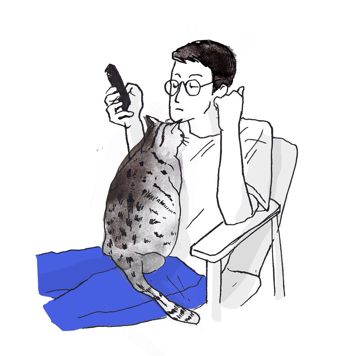 marinkadlec_jp's tweet photo. 毎年実家にかえるたんびに、うちの猫むさしとジョシュアの距離が近くなる。

今年の正月は、初めてジョシュアの膝に飛び乗ってきた。

ああ、むさしかわいい。

#キャドレック家の日常

#illustratuon 
#kadlecstudio
#イラスト 
#絵日記 
#猫イラスト https://t.co/S0UdnzpkIT