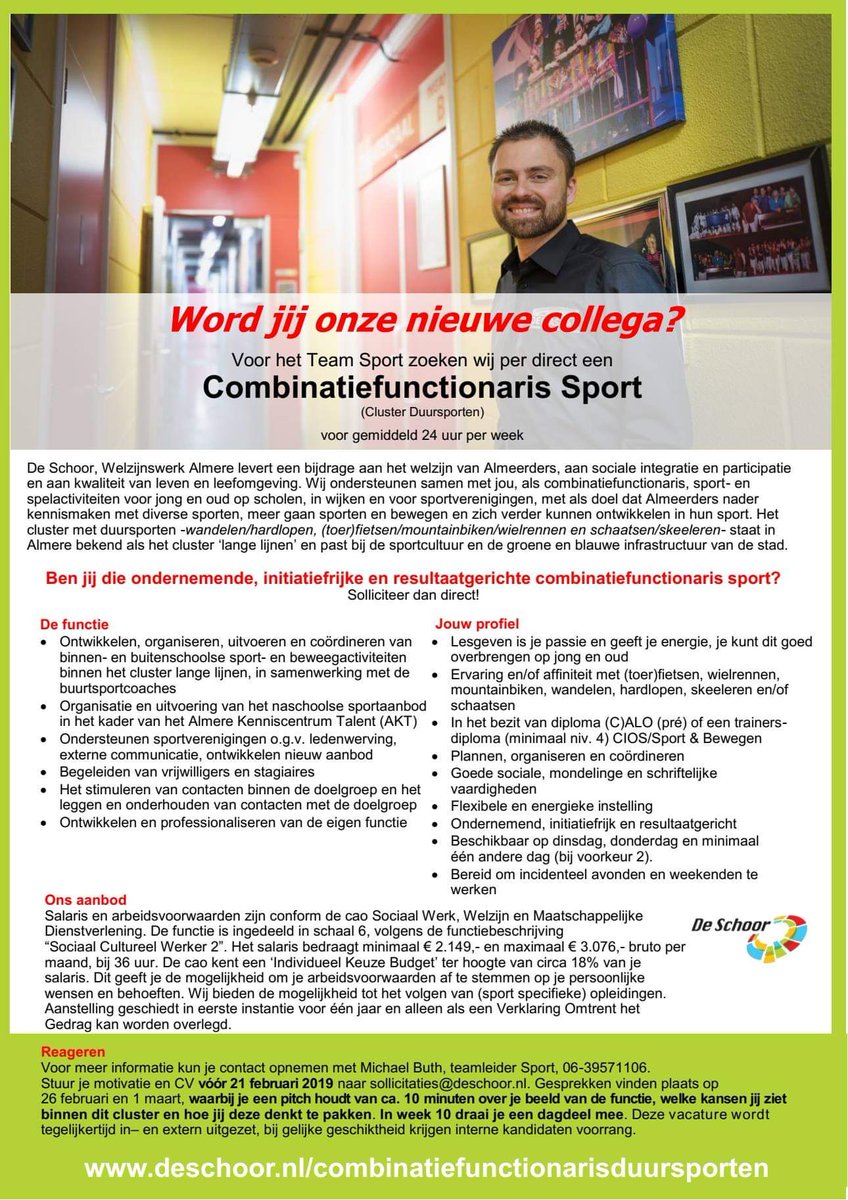 Wij hebben bij <a href="/deschoor/">De Schoor</a> een #vacature voor een enthousiaste <a href="/cf_sport/">CF Sport</a>!

Breng jij met ons #heelAlmereinbeweging?

<a href="/SportAlmere/">Sport Almere</a> @MartijnPostuma <a href="/AKTalmere/">Almere Kenniscentrum Talent (AKT)</a> <a href="/AndreKemper_AKT/">André</a> <a href="/sportflevo/">Sportflevo</a>