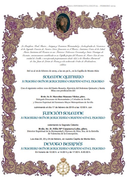 Hoy comienza el Quinario en honor a Ntro. Señor Jesucristo Orando en el Huerto. A las 20:30h. en la capilla del Rosario de Monte-Sión.
<a href="/hdaddemontesion/">Monte-Sión</a>