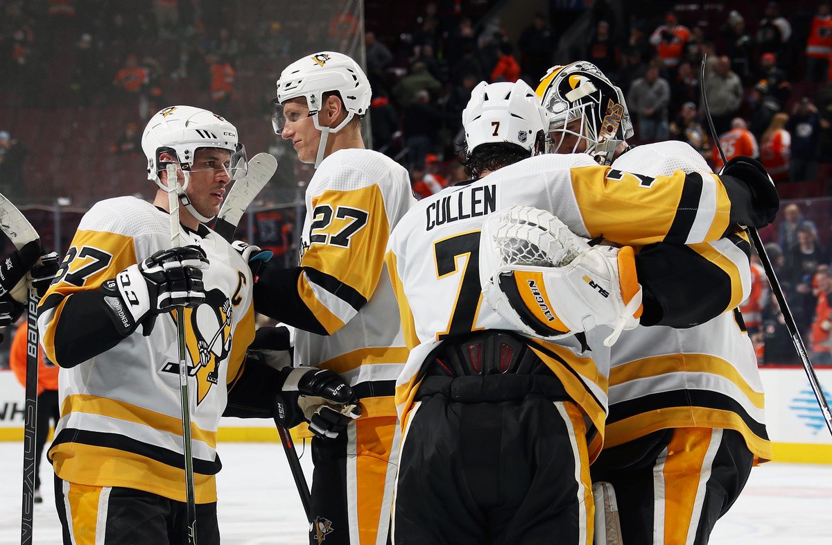 NHL's tweet image. Career-high 50-save performance from @mattmurray_30.

#HockeyHugs are a requirement. 🐧