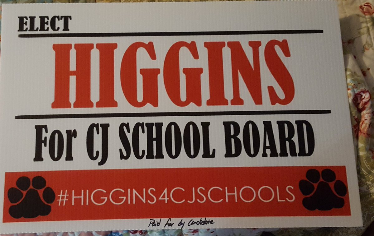 Support Terra Higgins for CJ School Board in the April election.
If you would like a sign for your yard dm me your address.
#terrahiggins4CJschoolboard 
#improvingschools