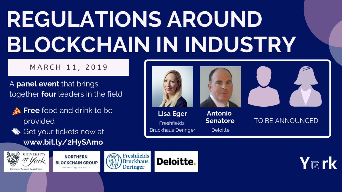 We're excited to welcome you to our Regulations around Blockchain in Industry event on the 11th March 2019 at the University of York. Guest speakers already announced include senior figures from Deloitte and Freshfields. Grab your ticket now: eventbrite.co.uk/e/regulations-…