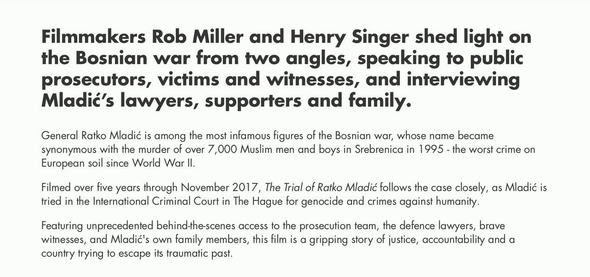 Tickets are selling fast for the UK premiere of <a href="/mladictrialdoc/">Trial of Mladic Doc</a> at the Human Rights Watch Film Festival <a href="/hrwfilmfestival/">Human Rights Watch Film Festival</a>. Directors <a href="/henrysingerfilm/">Henry Singer</a> and Rob Miller are doing Q&amp;As on both evenings.
barbican.org.uk/whats-on/2019/…