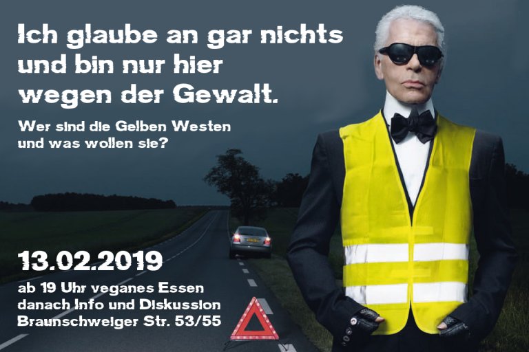 Morgen kocht die <a href="/lieblingsVoKue/">Deine LieblingsVoKü</a> in der #B5355. Danach Vortrag und Diskussion zu den #Gelbwesten / #GiletJaunes. Wer sind sie und was wollen sie? Und wie kann kritische #Solidarität aussehen? 

13.02., ab 19h, Braunschweiger Str. 53, #Neukölln, #Berlin.