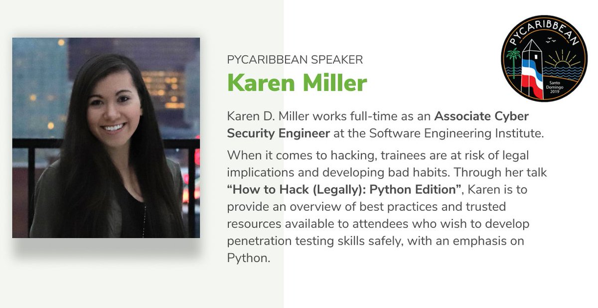 PyCaribbean's tweet photo. Karen D. Miller is a full-time Associate Cyber Security Engineer at the Software Engineering Institute.

She will teach us the right and legal way to hack through a series of web applications, hacking tools and exploit databases.
Join us at PyCaribbean https://t.co/s6GnDBcNEN https://t.co/xGvm33YX9F