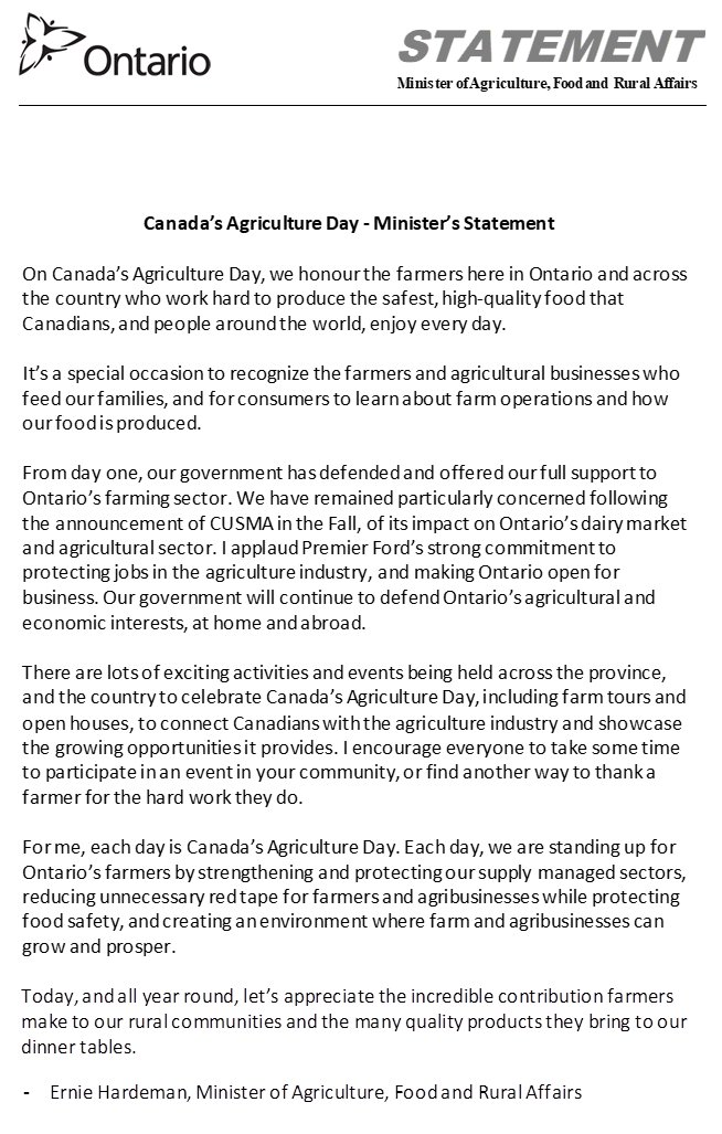 On #CdnAgDay We say thanks to the farmers and agricultural businesses who work hard each day to produce the many quality products that sustain our families, here in Ontario and across Canada. Here is my statement marking this special day! #ontag