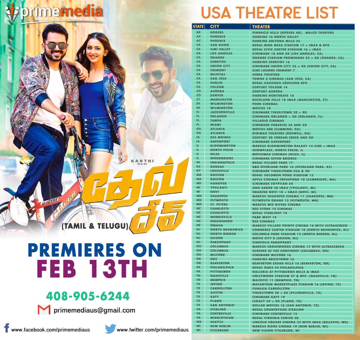 Rakulpreet's tweet image. Usa theatre list ! #devfromfeb14 😀😀 @Karthi_Offl