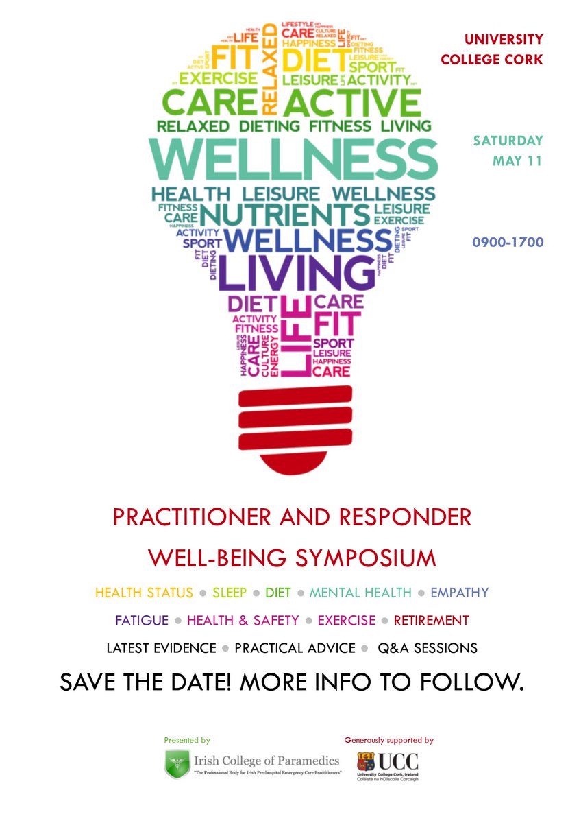 We have some exciting news to share: our first practitioner &amp; responder wellbeing event will be held on May 11 in <a href="/UCCMedHealth/">UCC Medicine & Health</a>, Cork. Save the date, more info will follow at irishparamedic.ie/wellbeing2019/ Open to members &amp; non-members. #mentalhealth #healthy #wellbeing #paramedic