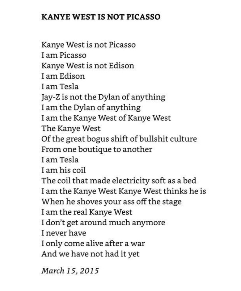 Rubzx's tweet photo. "Kanye West Is Not Picasso” by Leonard Cohen.
#TuesdayThoughts https://t.co/8TDuaxlJsU
