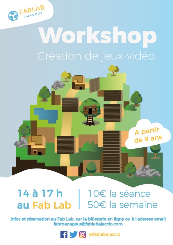 Fab Lab Ajaccio (@fablabajaccio) on Twitter photo Vous faites quoi pour les vacances de Février ? Ici on vous prépare un atelier pour les enfants autour de la création d'un jeux-vidéo !
Pour s'inscrire c'est par ici : weezevent.com/workshop-creat…
ou directement par mail à fabmanager@fablabajaccio.com Vous faites quoi pour les vacances de Février ? Ici on vous prépare un atelier pour les enfants autour de la création d'un jeux-vidéo !
Pour s'inscrire c'est par ici : weezevent.com/workshop-creat…
ou directement par mail à fabmanager@fablabajaccio.com