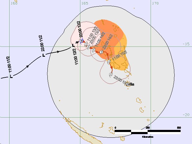 At 11:00pm local time today, Tropical Cyclone OMA was located at 14.6 degrees South  165.1 degrees East.  Tropical Cyclone OMA is position at the left center of square letter E,  number 4 (E,4) of the Vanuatu Tropical Cyclone tracking map.