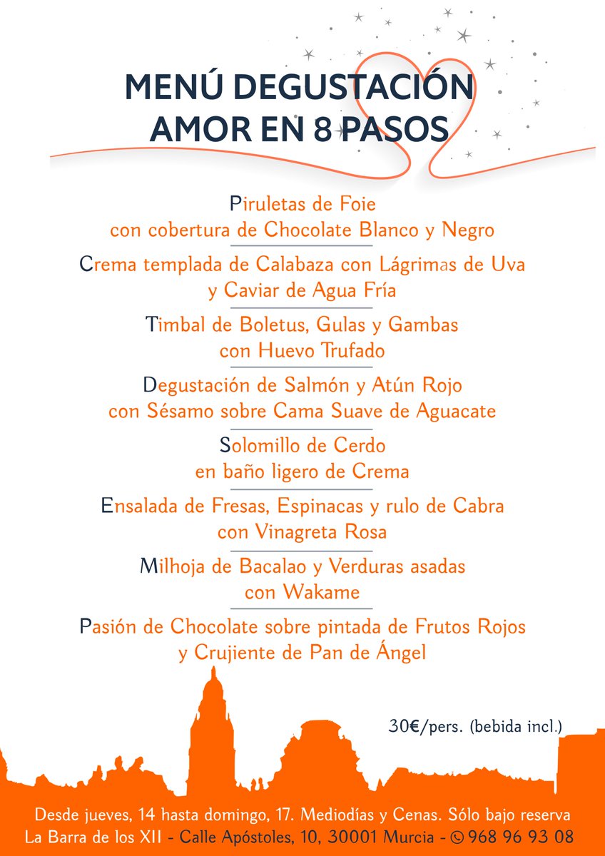 LaBarradelosXII's tweet photo. Especial San Valentín
Degustación 8 platos sensacionales
Desde jueves, 14 hasta domingo, 17
Sólo previa reserva: 968969308
30€/pers. (bebida incl.) https://t.co/Clk1h6QBol