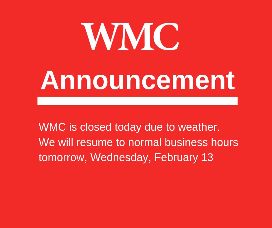 WisconsinMC's tweet photo. βοΈβοΈβοΈWMC is closed today due to weather. βοΈβοΈβοΈ
Please be safe out there everyone. #SafetyFirst #WisconsinSnow https://t.co/j9y6AACqZQ