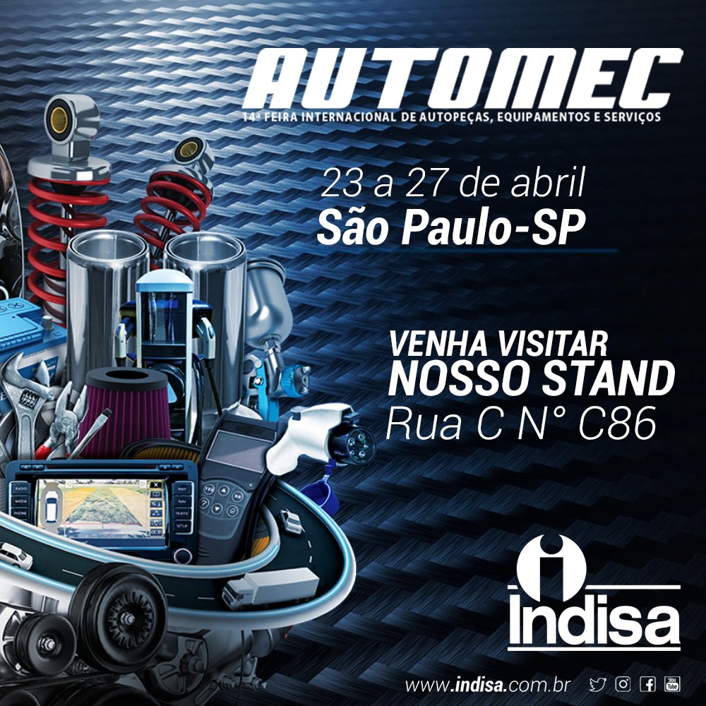indisabrasil's tweet image. Vem aí a maior feira de reposição automotiva da América Latina, e a Indisa estará cheia de novidades com um stand de 150m².
Esperamos vocês de 23 a 27 de abril de 2019.

#Indisa #Automec #Automec2019 #Oficina #Mecanico #Automotivo #Carro #Reparacao #BombaDagua