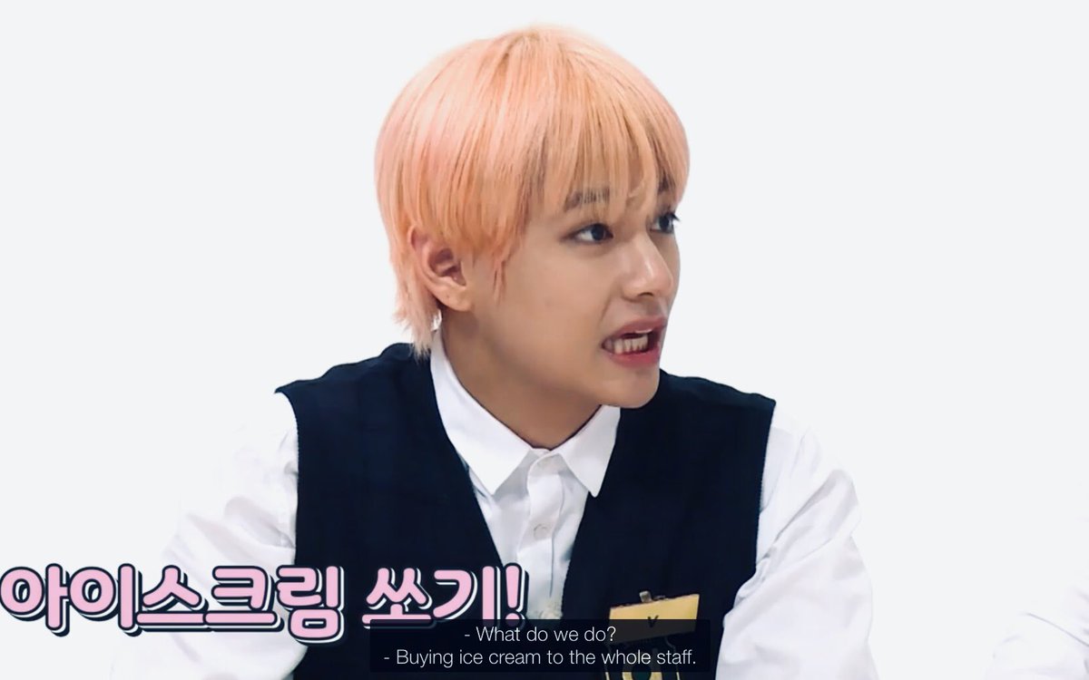 Kim Taehyung is not only considerate but a real mindful and thoughtful one! He knows that the episode will be aired on winter so he pretends ro be called, But suggested buying icecream for the staff coz it’s actua still summer when they’re filming!  #KIMTAEHYUNG 