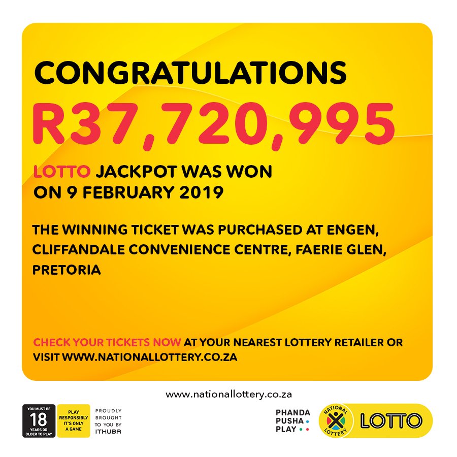 wereld Kapper pijp PhandaPushaPlay on Twitter: "Congratulations GAUTENG! You have a new #LOTTO jackpot winner of R37,720,995 from 9/02/19 draw! #QuickPick Selection ticket wager amount was R30. https://t.co/VDIf1x9EFj" / Twitter wereld Kapper pijp PhandaPushaPlay on Twitter: "Congratulations GAUTENG! You have a new #LOTTO jackpot winner of R37,720,995 from 9/02/19 draw! #QuickPick Selection ticket wager amount was R30. https://t.co/VDIf1x9EFj" / Twitter