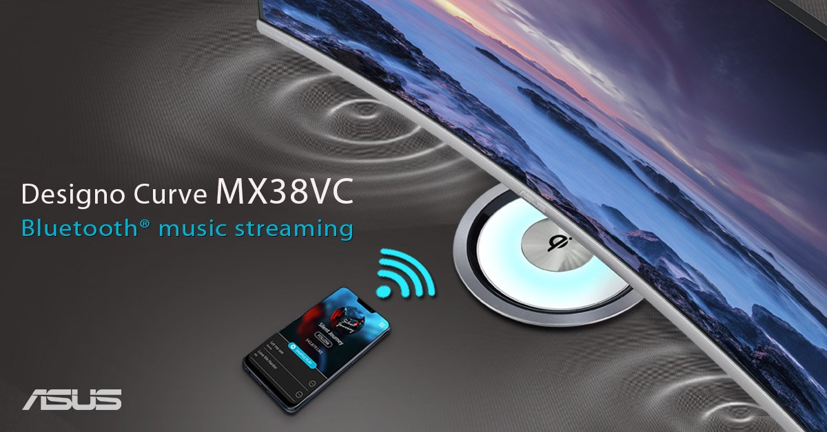 ASUS's tweet photo. Together with Bluetooth® wireless technology and Harman Kardon-powered audio, #MX38VC enables you to enjoy high-quality music streaming, even with your monitor in standby mode.

#ASUS #DesignoCurve https://t.co/QQSfnNuCUf