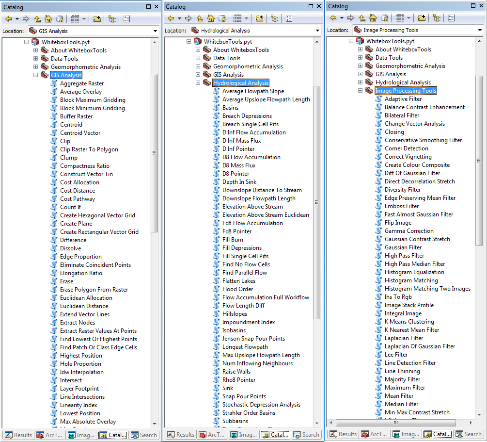 giswqs's tweet photo. ArcGIS Toolbox for WhiteboxTools v0.1.0 released, an ArcGIS Toolbox of Prof. John Lindsay's WhiteboxTools library, which contains 400 tools for GIS analysis and geoprocessing. More on GitHub: https://t.co/afrApeDAS6 #GIS #geospatial #opensource #lidar #hydrology #remotesensing https://t.co/lrpuJtStPG